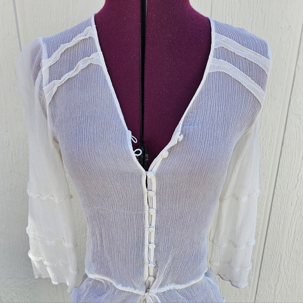 Intuitions Sheer Cream Button-Up Blouse